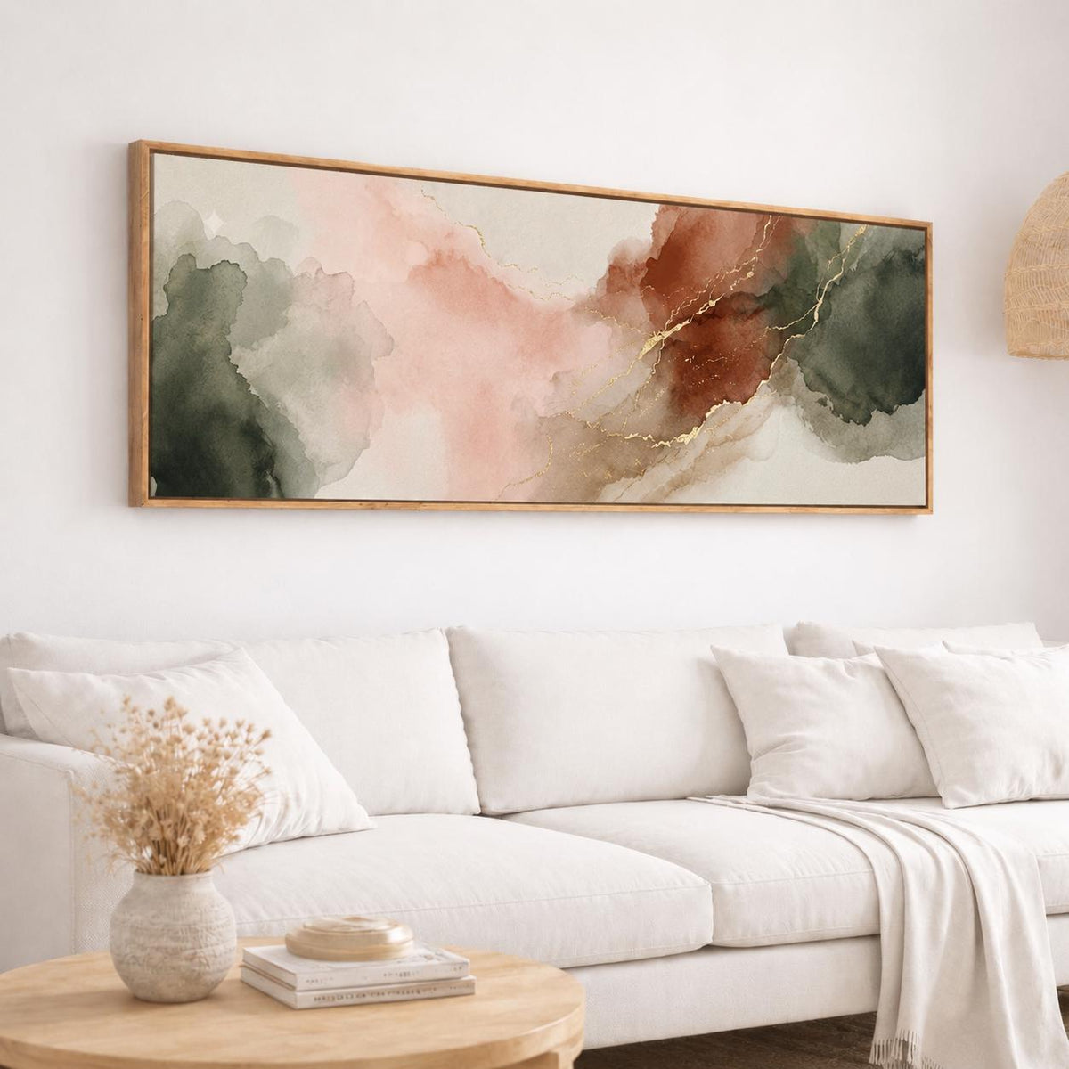 Earthy Abstract Panorama Canvas, Muted Sage Terracotta Landscape Art, Blush Pink