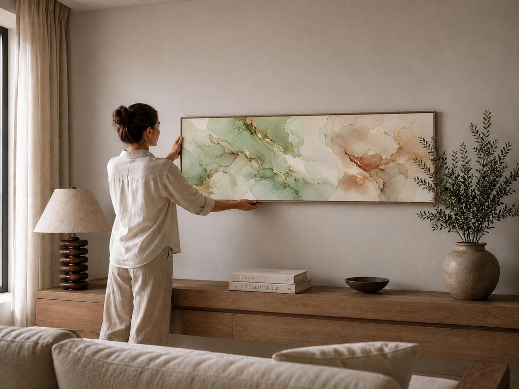 Large Abstract Earth Tone Canvas Print, Terracotta Aqua Japandi Above Bed Decor