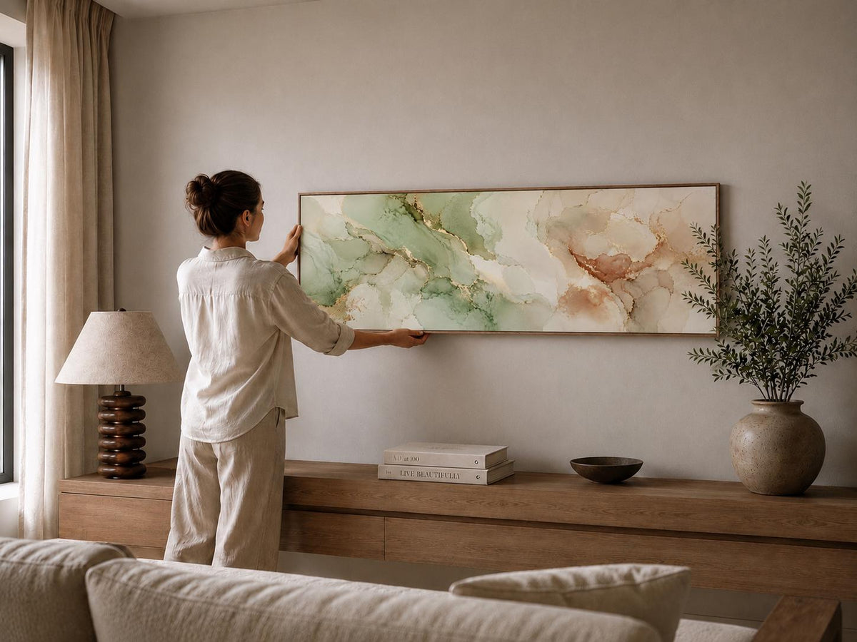Large Abstract Earth Tone Canvas Print, Terracotta Aqua Japandi Above Bed Decor