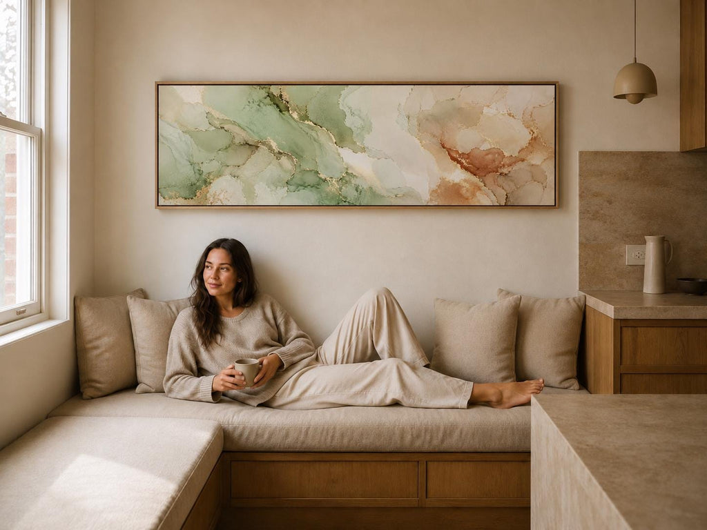 Large Abstract Earth Tone Canvas Print, Terracotta Aqua Japandi Above Bed Decor