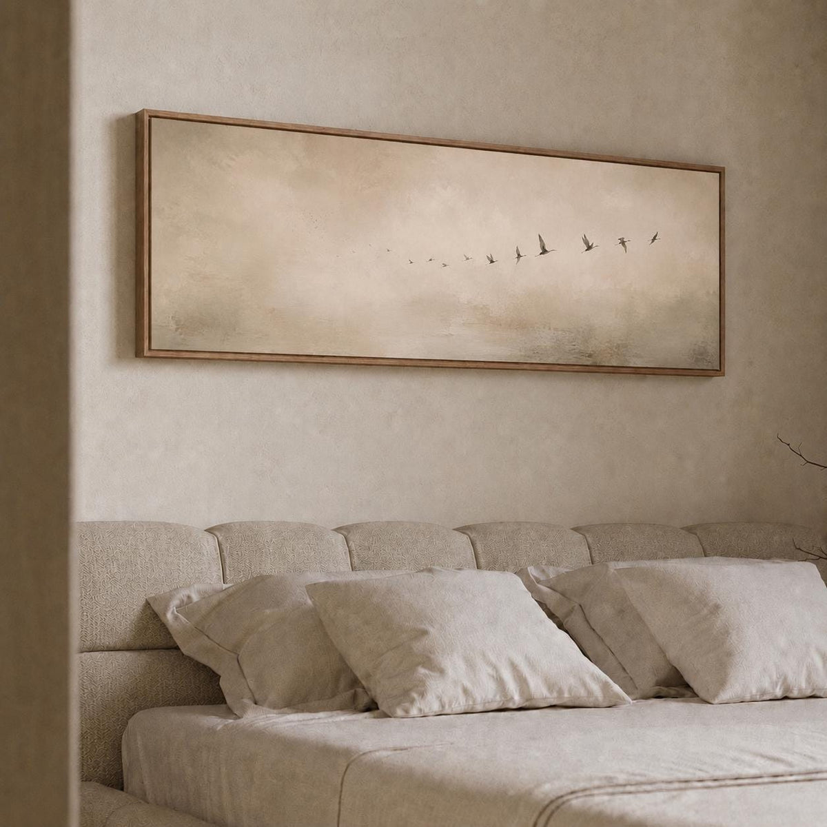 Neutral Flying Birds Panorama Canvas Print, Japandi Wabi Sabi Art
