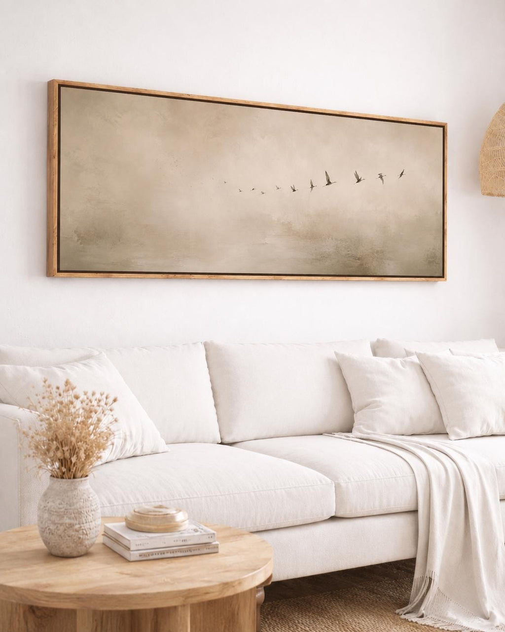 Neutral Flying Birds Panorama Canvas Print, Japandi Wabi Sabi Art