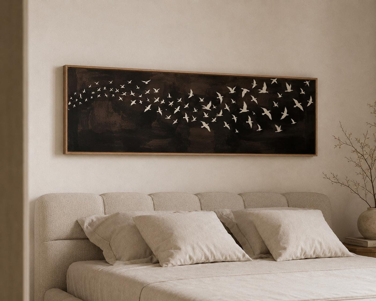 Large Brown Canvas Print, Flying Birds Flocks, Narrow Bedroom or Living Room Decor