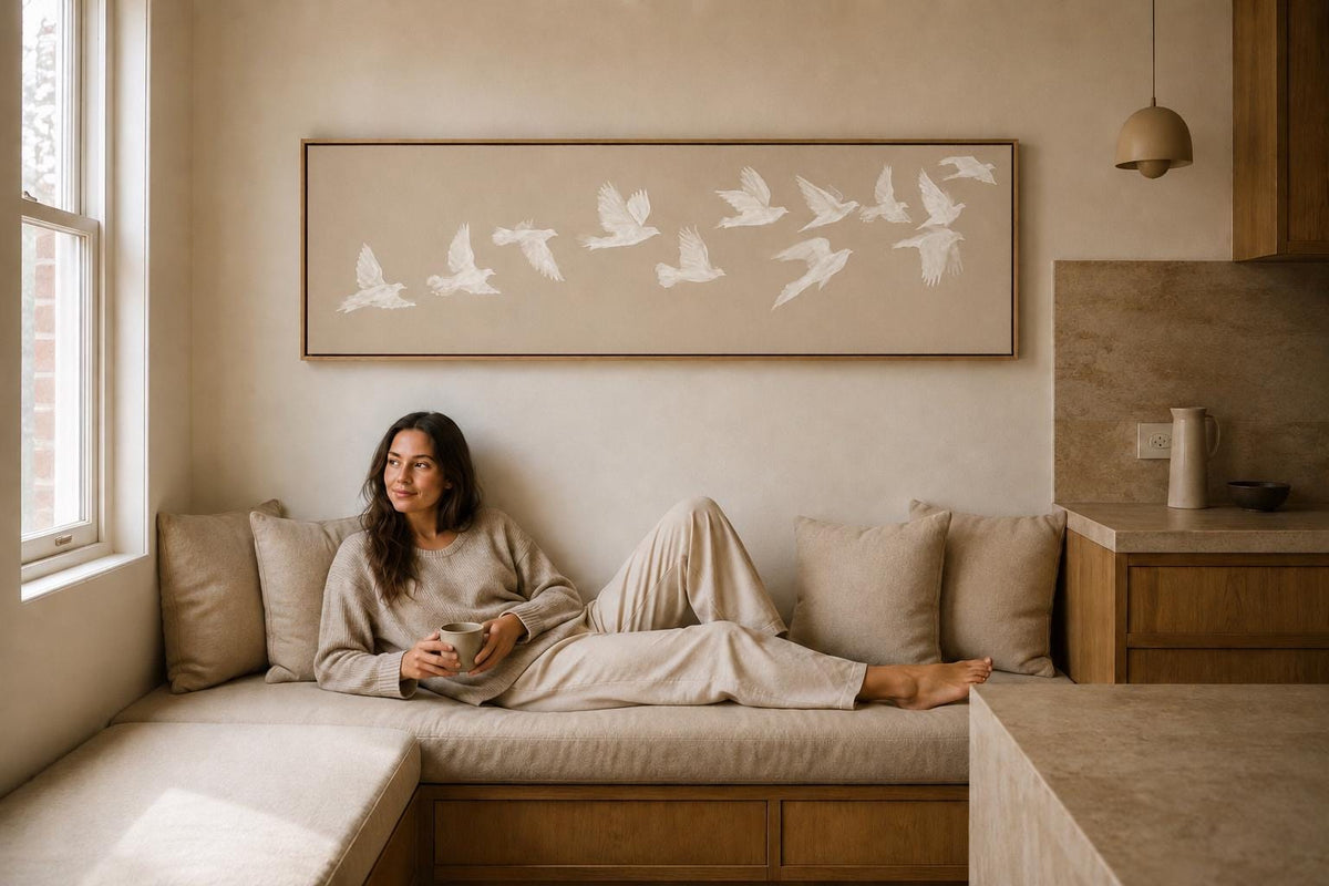 Beige Birds Canvas Print, Horizontal Japandi Wall Art, Minimalist Home Decor