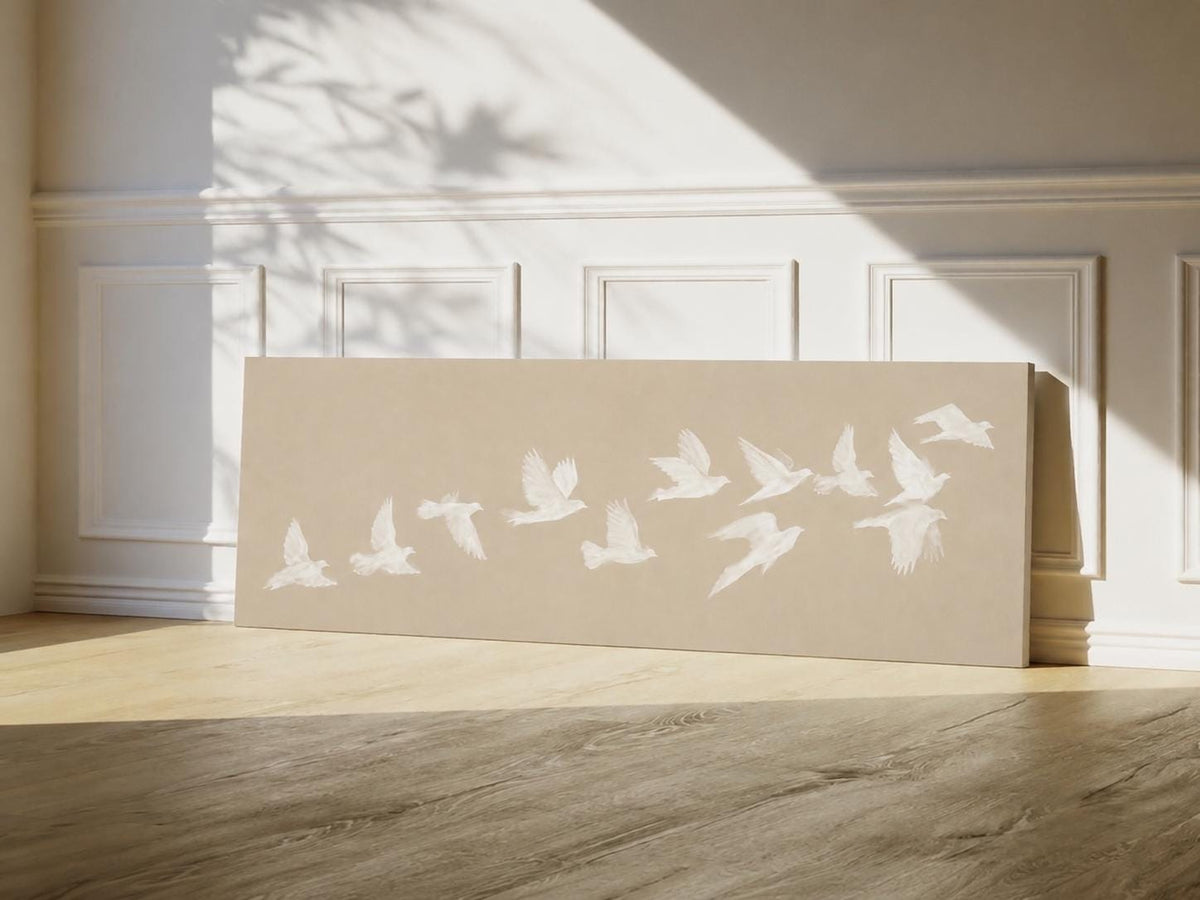 Beige Birds Canvas Print, Horizontal Japandi Wall Art, Minimalist Home Decor