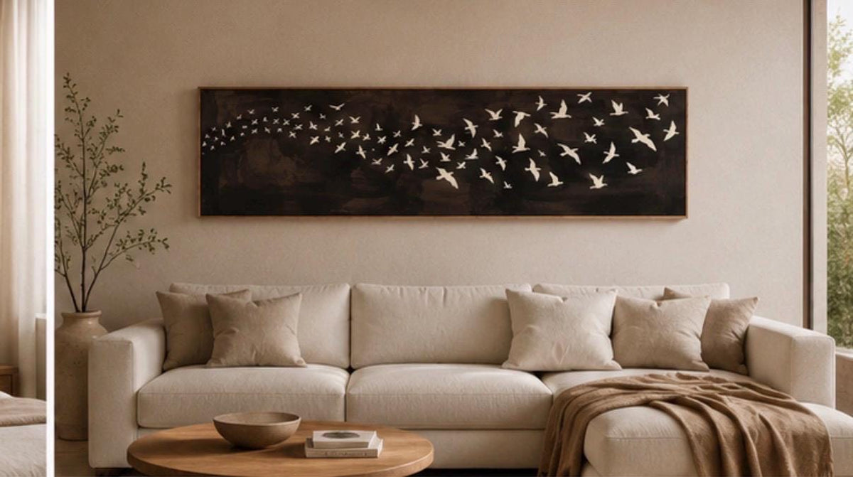 Large Brown Canvas Print, Flying Birds Flocks, Narrow Bedroom or Living Room Decor