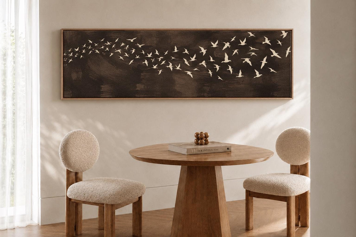 Large Brown Canvas Print, Flying Birds Flocks, Narrow Bedroom or Living Room Decor