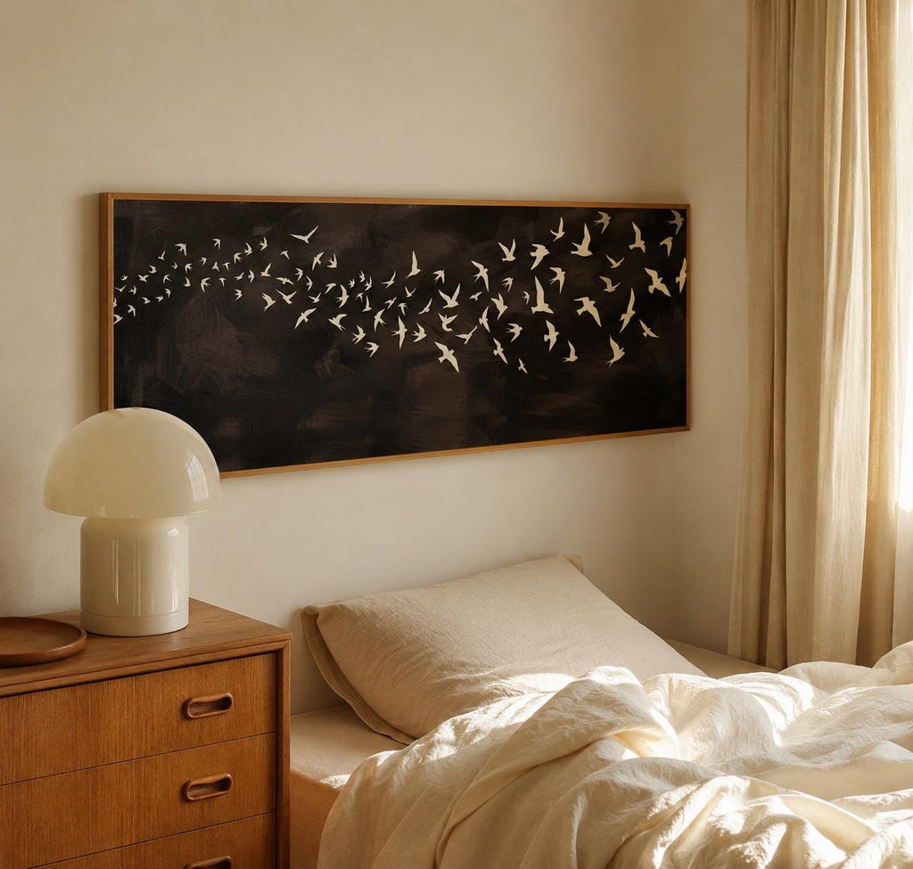 Large Brown Canvas Print, Flying Birds Flocks, Narrow Bedroom or Living Room Decor