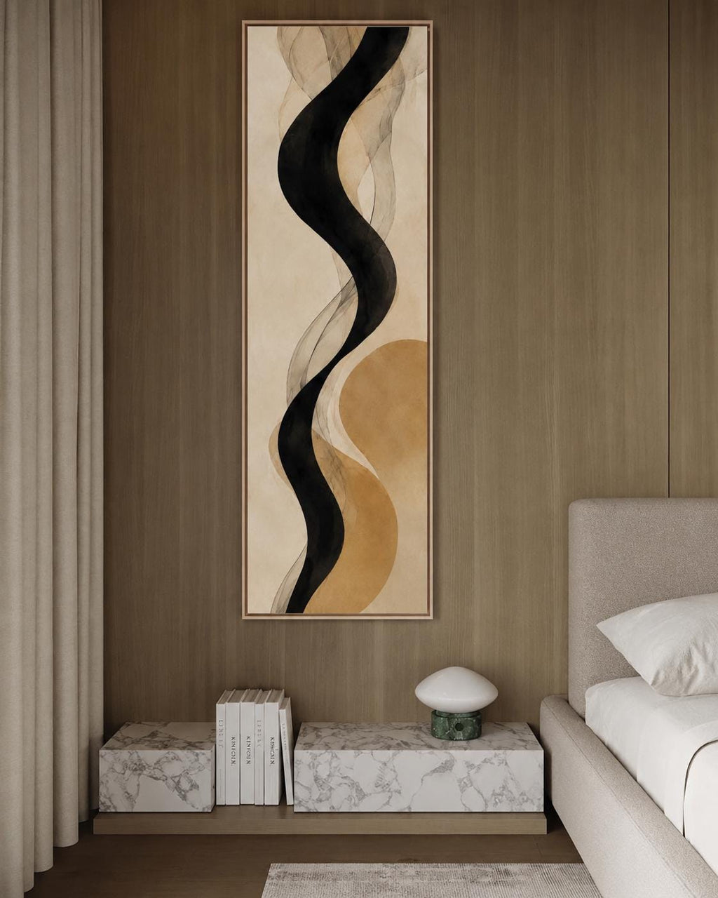 Neutral Black Line Canvas Print, Mustard Abstract Wall Art, Japandi Minimalist Vertical Print