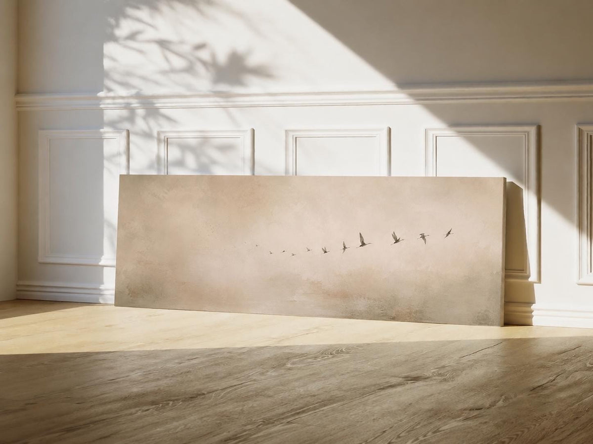 Neutral Flying Birds Panorama Canvas Print, Japandi Wabi Sabi Art