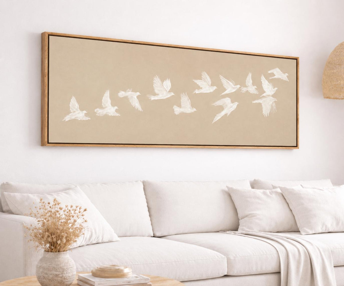 Beige Birds Canvas Print, Horizontal Japandi Wall Art, Minimalist Home Decor