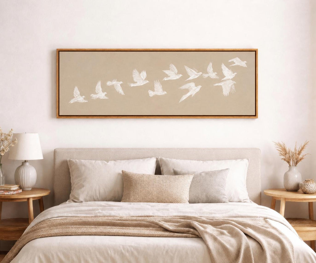 Beige Birds Canvas Print, Horizontal Japandi Wall Art, Minimalist Home Decor