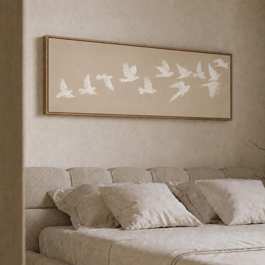 Beige Birds Canvas Print, Horizontal Japandi Wall Art, Minimalist Home Decor