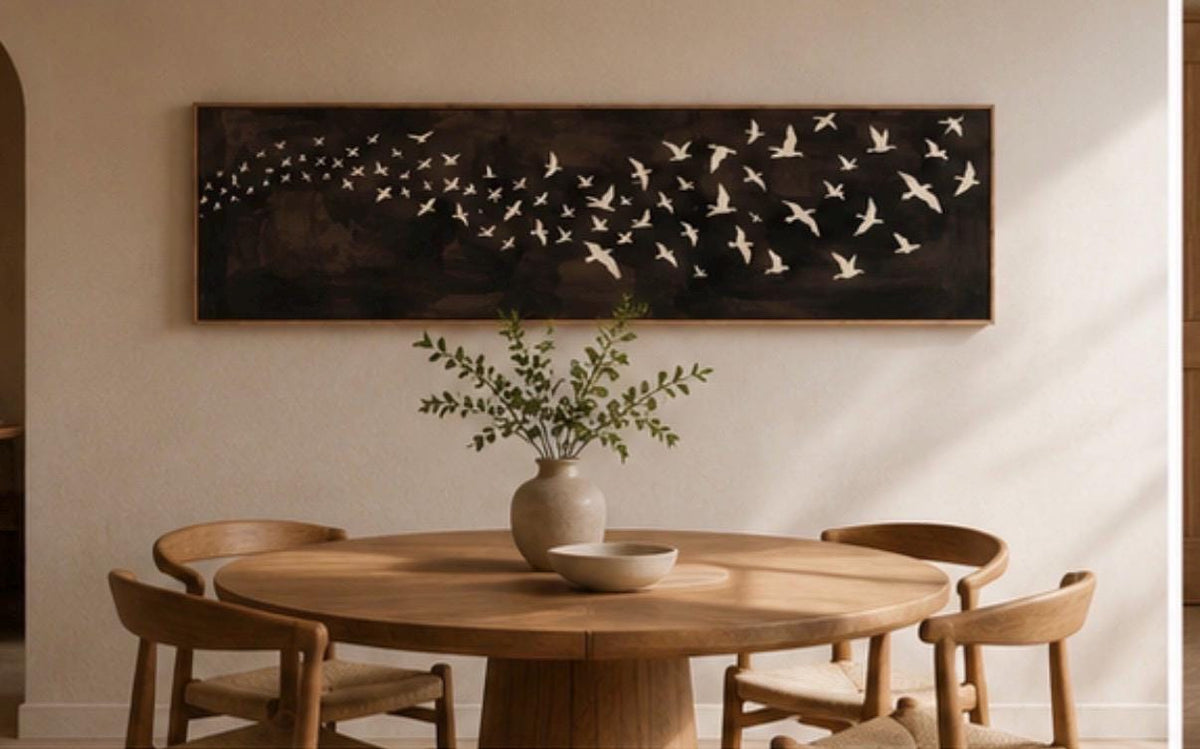 Large Brown Canvas Print, Flying Birds Flocks, Narrow Bedroom or Living Room Decor