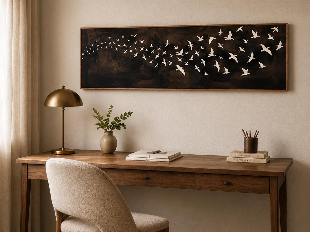 Large Brown Canvas Print, Flying Birds Flocks, Narrow Bedroom or Living Room Decor