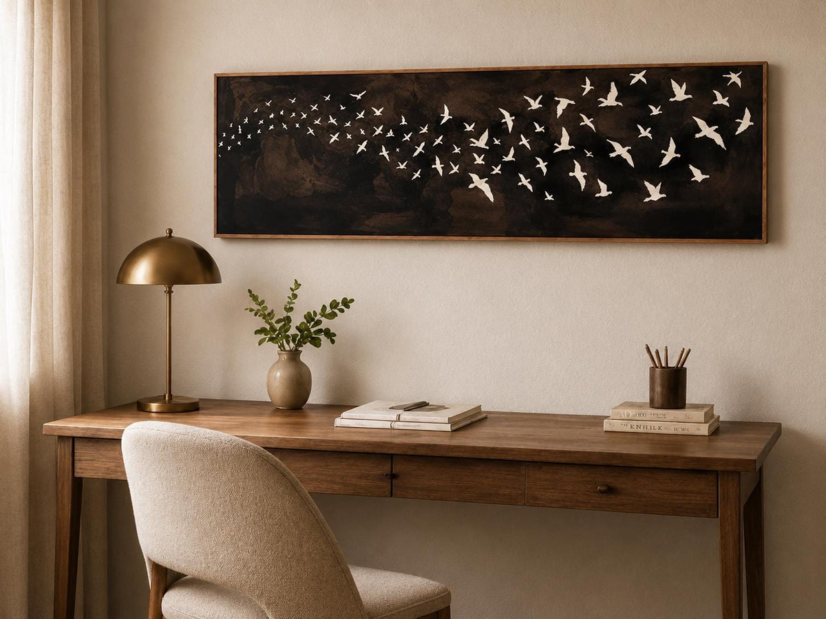 Large Brown Canvas Print, Flying Birds Flocks, Narrow Bedroom or Living Room Decor