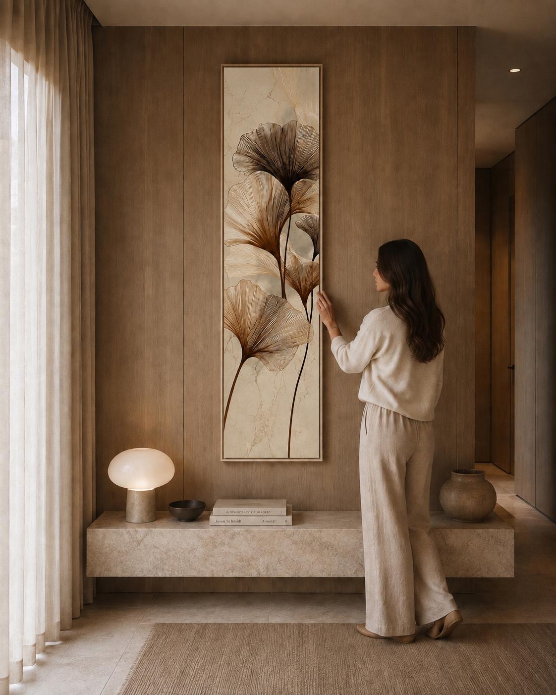 Earth Tone Ginkgo Print | Vertical Wabi Sabi Wall Art Canvas