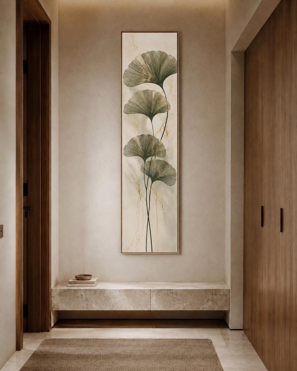 Kintsugi Ginkgo Canvas Print | Tall Botanical Gold Leaf Wall Art Japandi Minimalist Decor