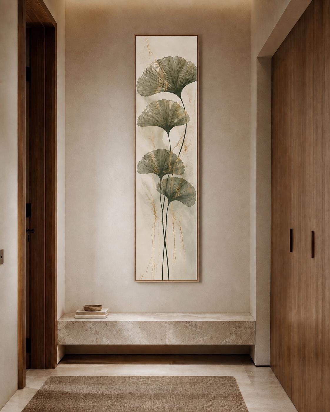 Kintsugi Ginkgo Canvas Print | Tall Botanical Gold Leaf Wall Art Japandi Minimalist Decor