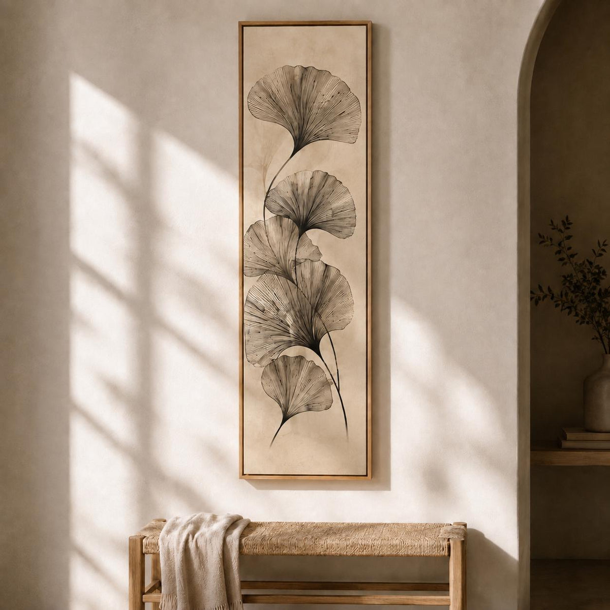 Ginkgo Wabi Sabi Canvas Print | Tall Sage Green Scandinavian Line Art