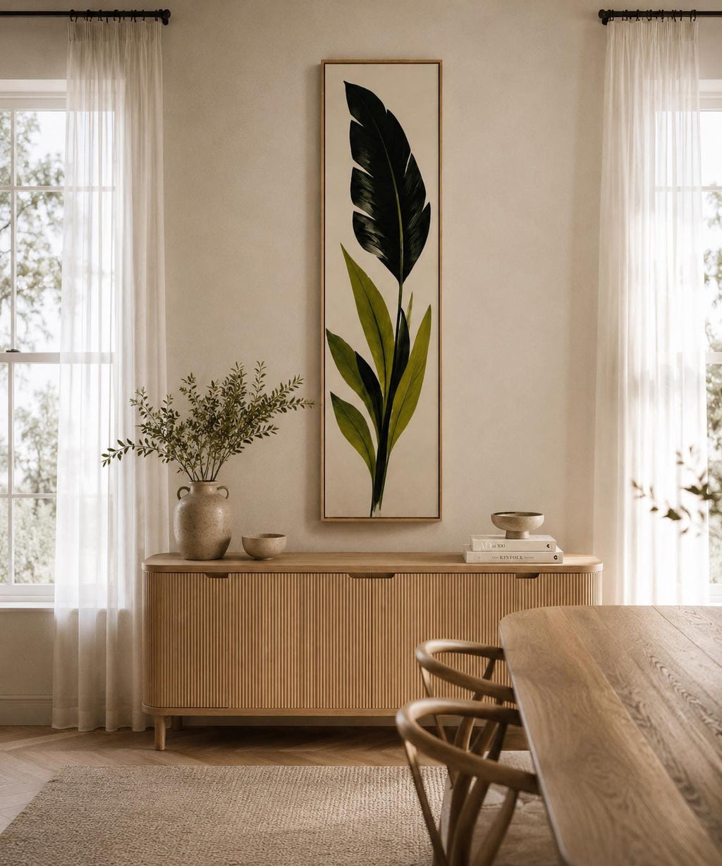 Green Leaf Canvas Print | Tall Neutral Floral Art | Slim Vertical Wall Decor