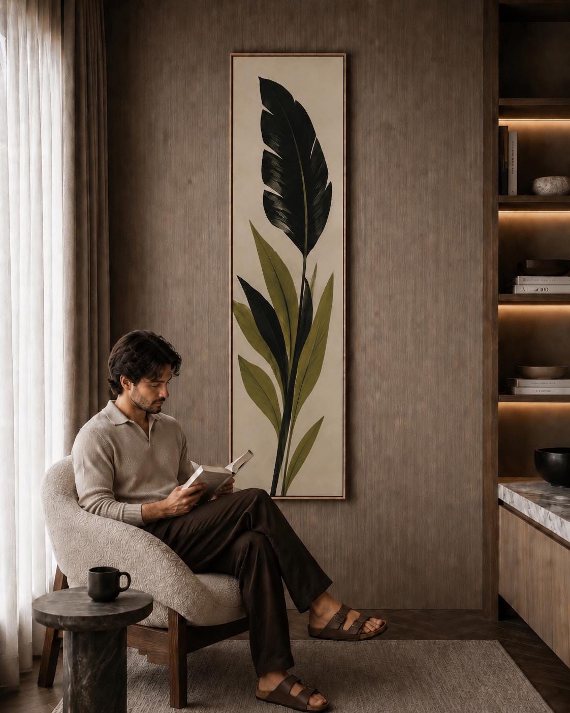 Green Leaf Canvas Print | Tall Neutral Floral Art | Slim Vertical Wall Decor