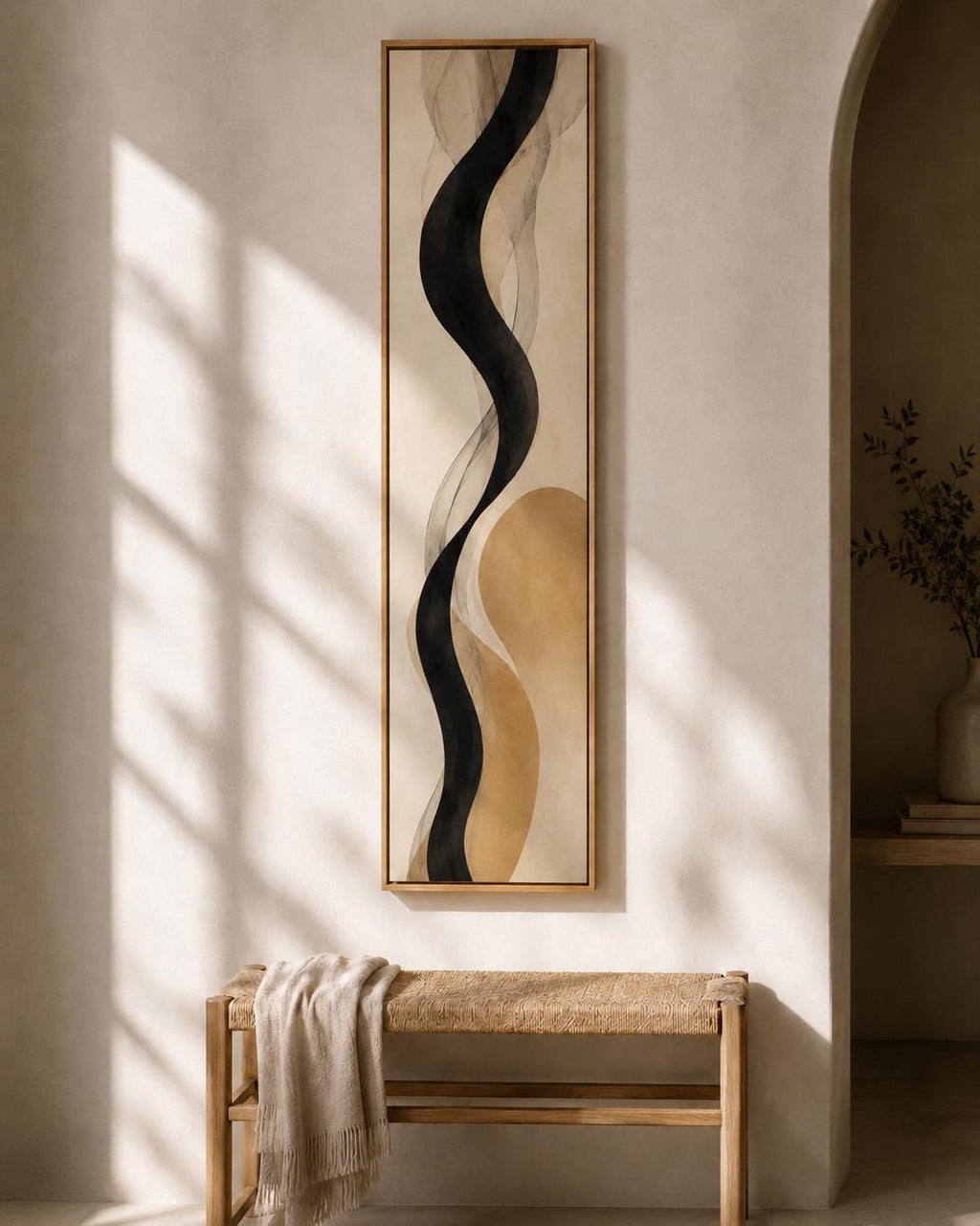 Neutral Black Line Canvas Print, Mustard Abstract Wall Art, Japandi Minimalist Vertical Print