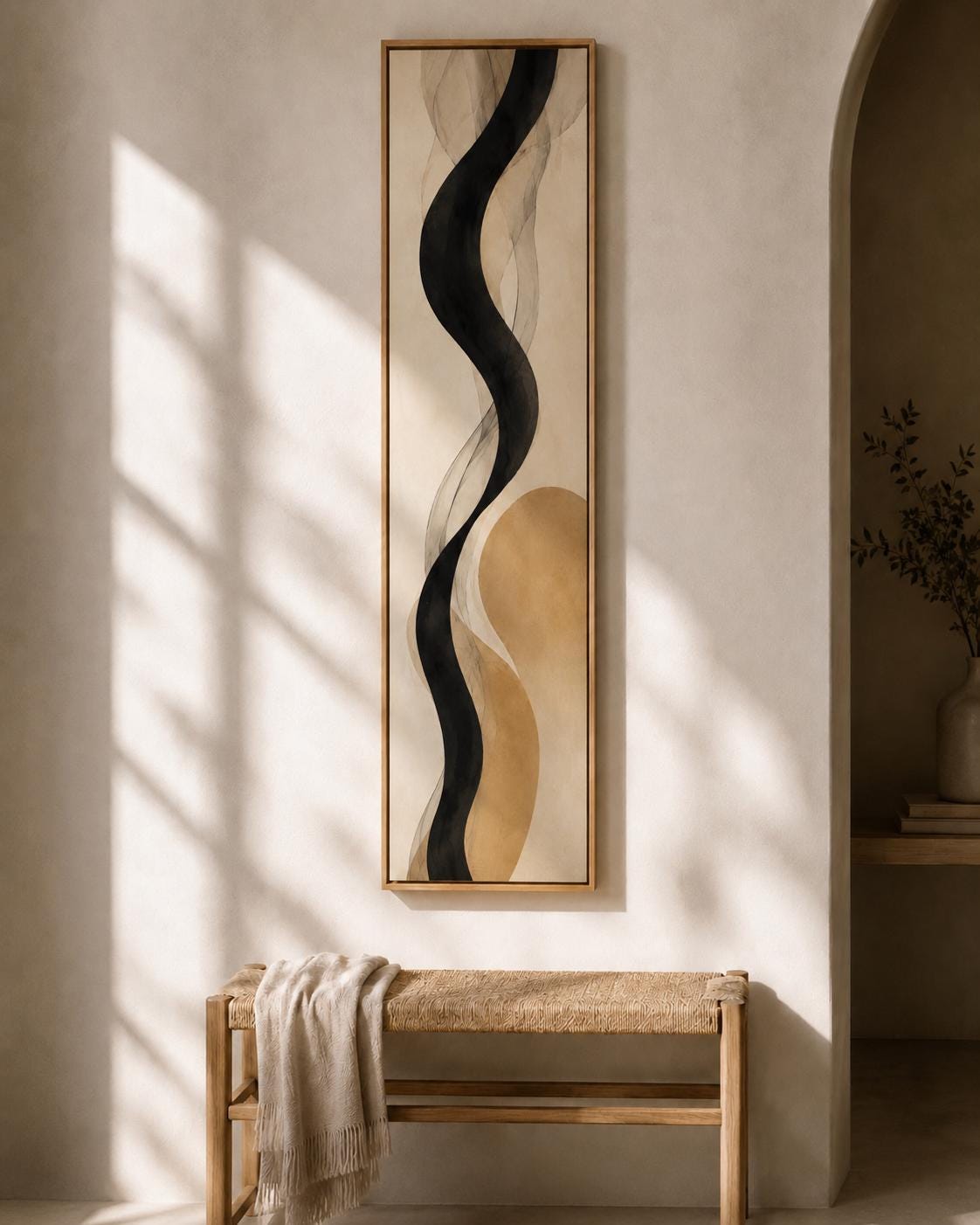 Neutral Black Line Canvas Print, Mustard Abstract Wall Art, Japandi Minimalist Vertical Print
