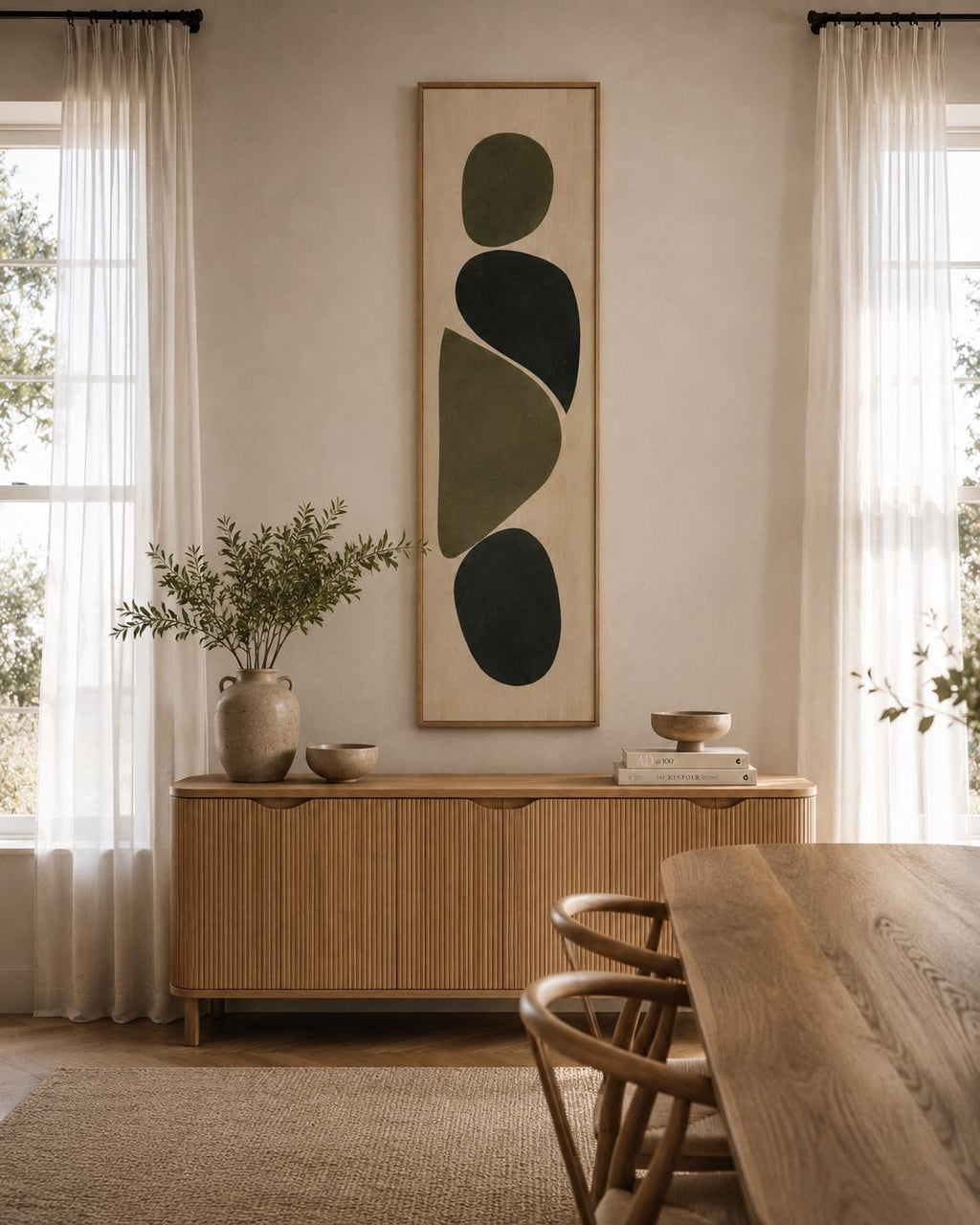Bauhaus VERTICAL CANVAS PRINT - Neutral Olive Green Abstract Art