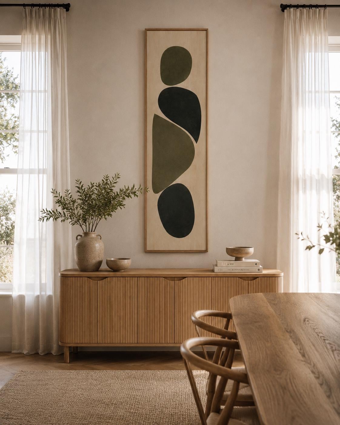 Bauhaus VERTICAL CANVAS PRINT - Neutral Olive Green Abstract Art