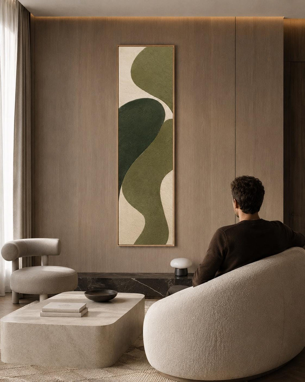 Olive Green Abstract Canvas Print, Japandi Vertical Wall Art, Minimalist Decor
