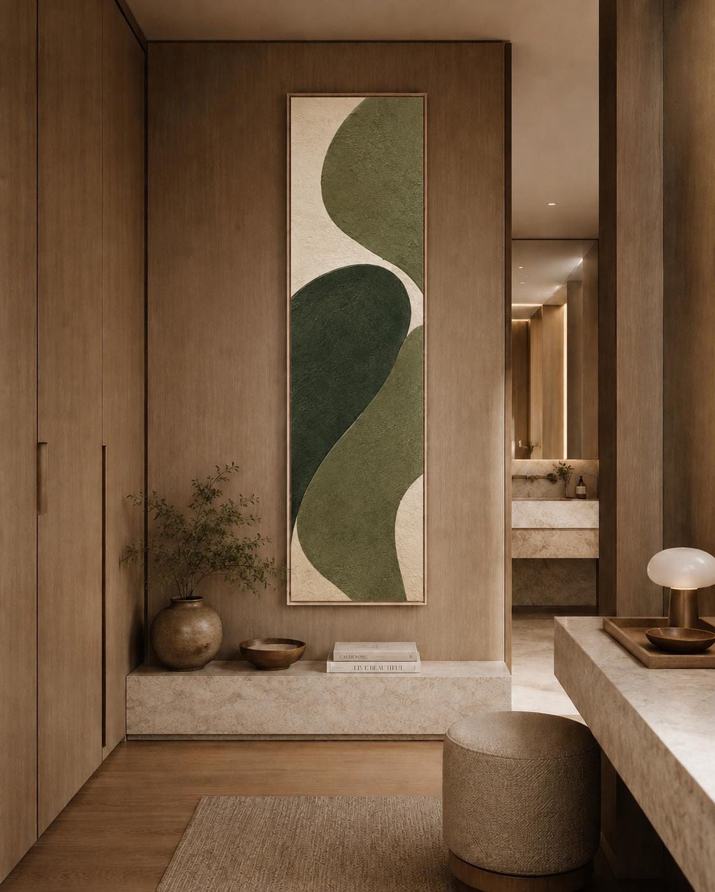Olive Green Abstract Canvas Print, Japandi Vertical Wall Art, Minimalist Decor