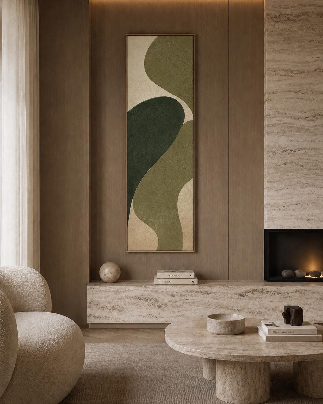 Olive Green Abstract Canvas Print, Japandi Vertical Wall Art, Minimalist Decor