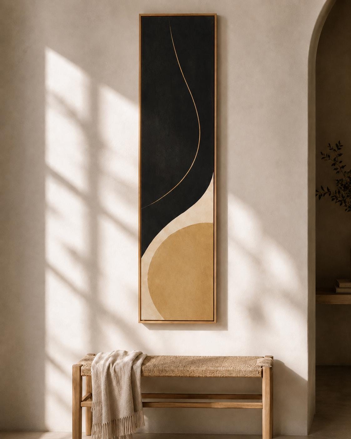 Neutral Vertical Minimalist Abstract Canvas Print | Tall Black and Yellow Wall Decor