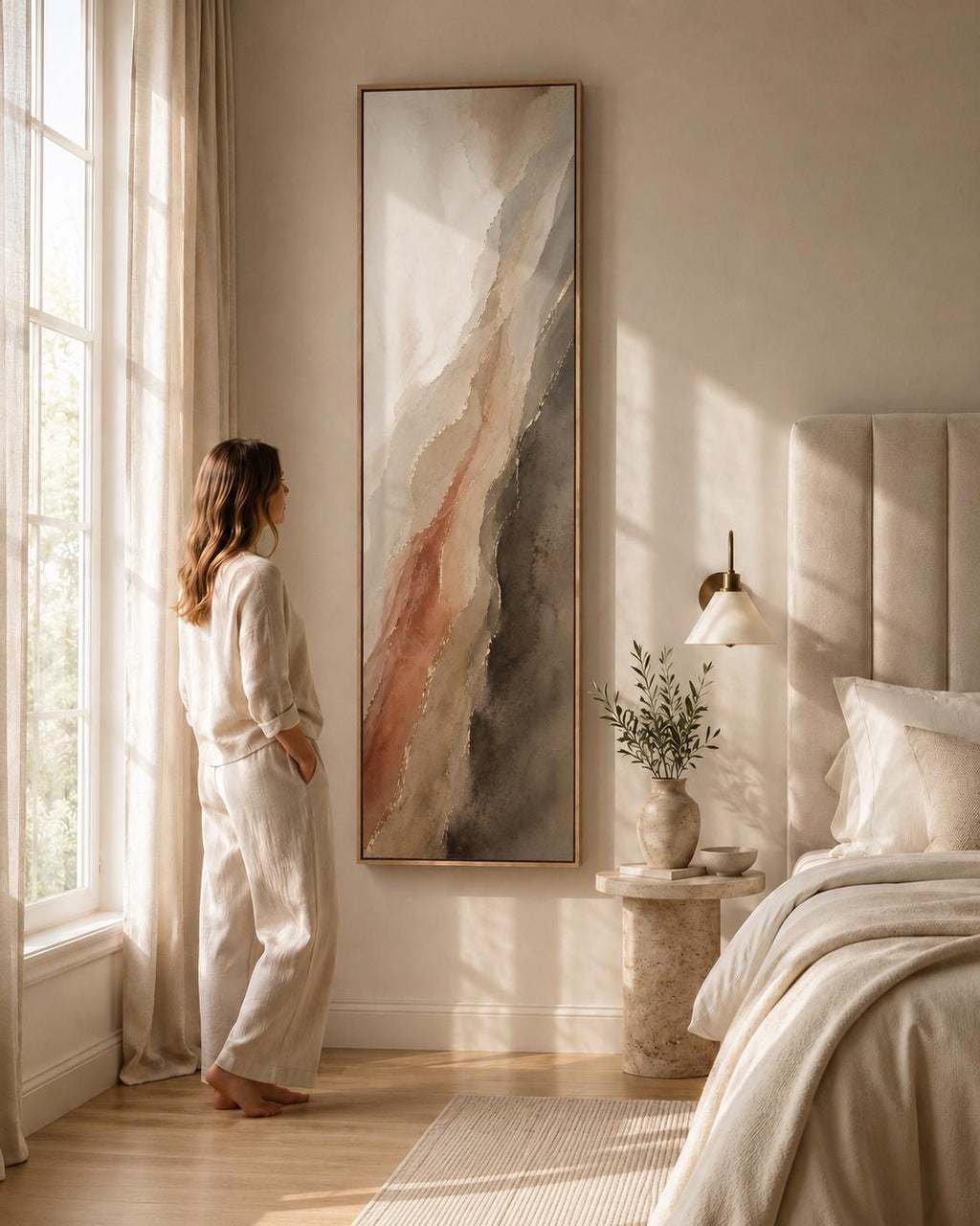 Long Vertical Canvas Wall Art, Muted Terracotta Landscape Art, Walnut Warm Taupe