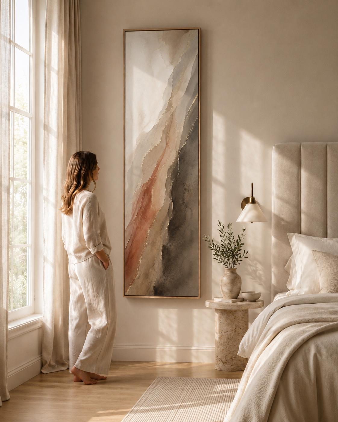 Long Vertical Canvas Wall Art, Muted Terracotta Landscape Art, Walnut Warm Taupe