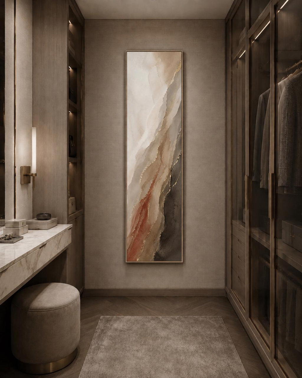 Long Vertical Canvas Wall Art, Muted Terracotta Landscape Art, Walnut Warm Taupe
