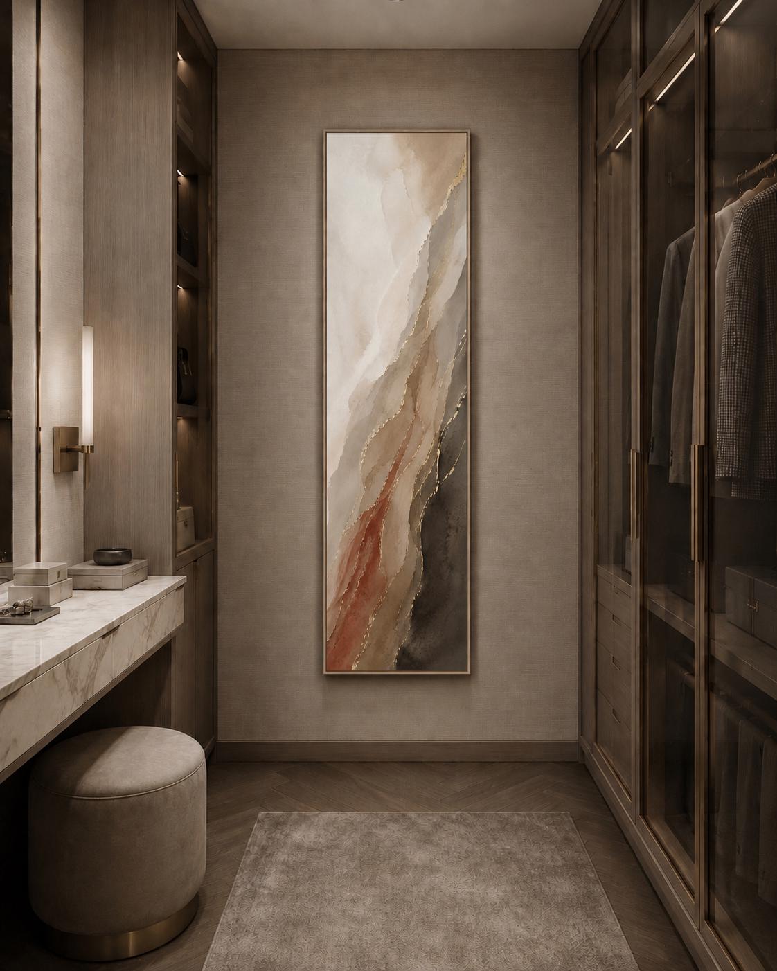 Long Vertical Canvas Wall Art, Muted Terracotta Landscape Art, Walnut Warm Taupe
