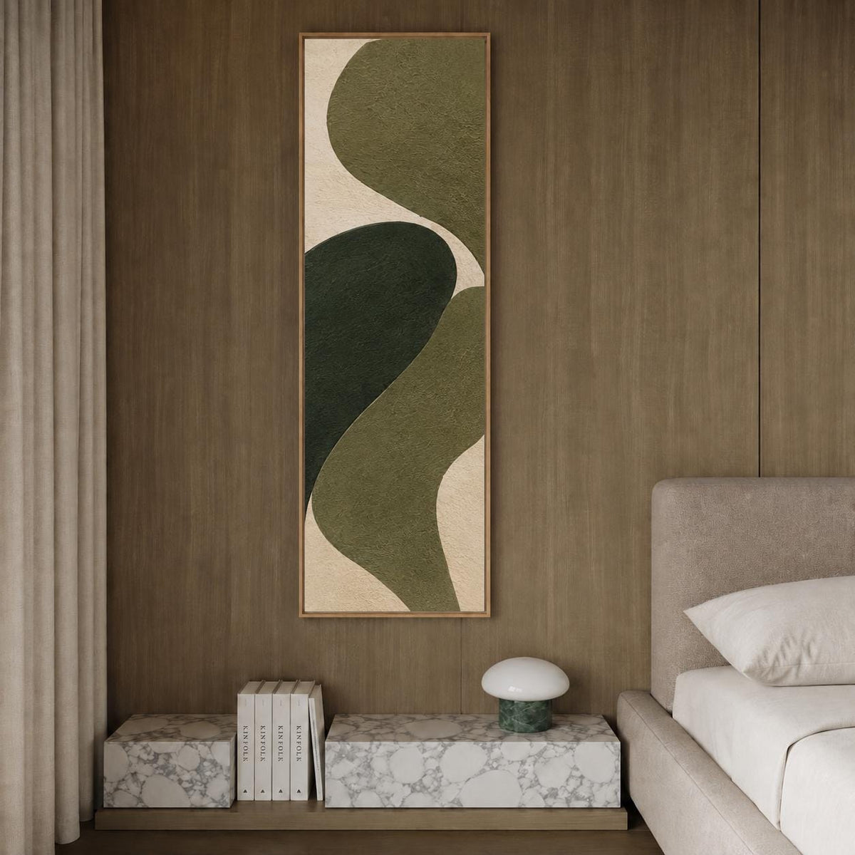 Olive Green Abstract Canvas Print, Japandi Vertical Wall Art, Minimalist Decor