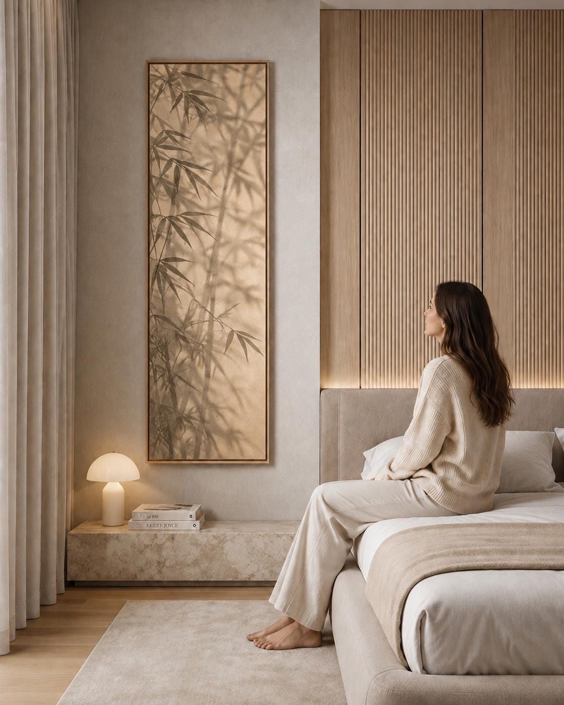 Narrow Vertical Bamboo Shadow Canvas Print: Wabi Sabi Botanical Wall Art