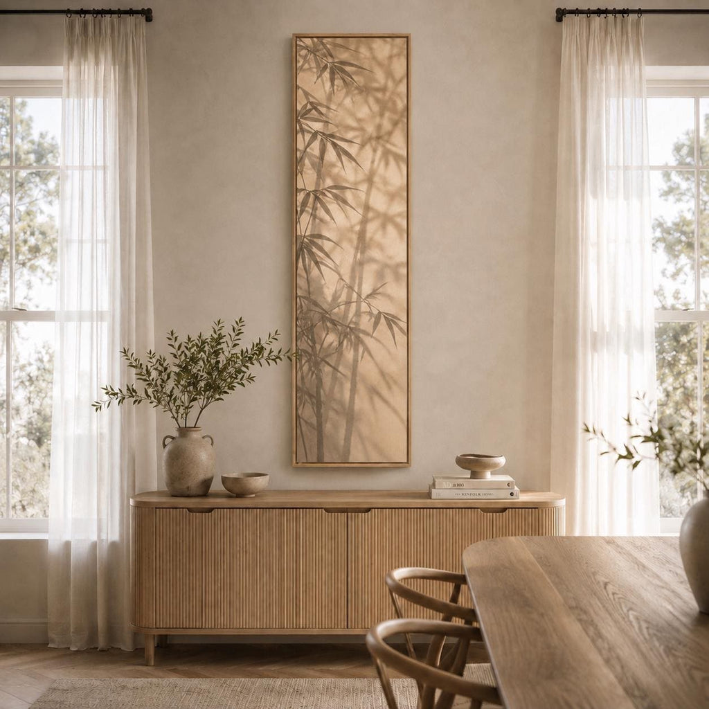 Narrow Vertical Bamboo Shadow Canvas Print: Wabi Sabi Botanical Wall Art