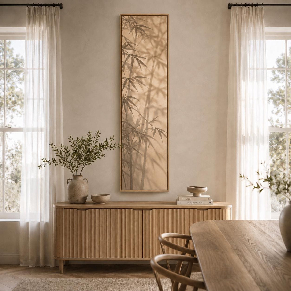 Narrow Vertical Bamboo Shadow Canvas Print: Wabi Sabi Botanical Wall Art