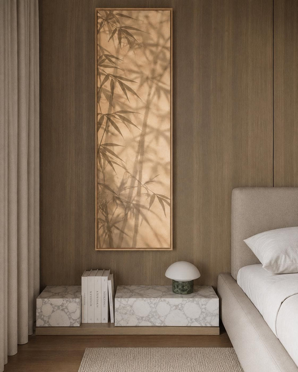 Narrow Vertical Bamboo Shadow Canvas Print: Wabi Sabi Botanical Wall Art