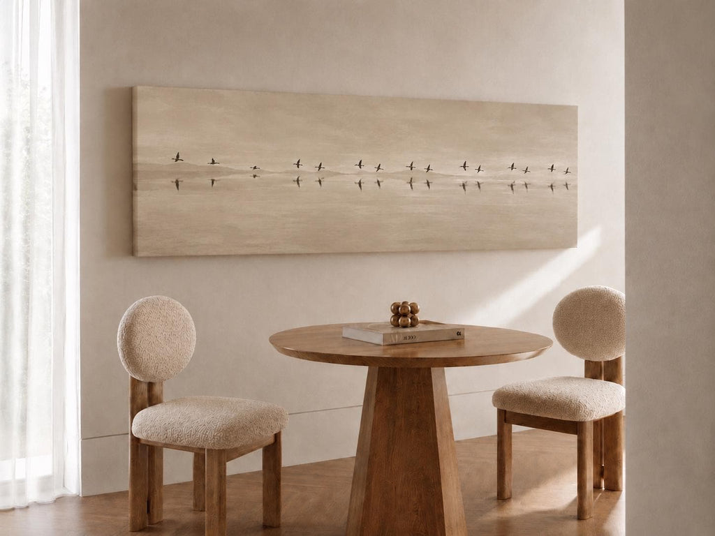Neutral Birds Flying Canvas Print, Bedroom Wall Art, Narrow Panorama Decor