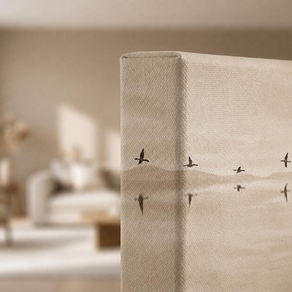 Neutral Birds Flying Canvas Print, Bedroom Wall Art, Narrow Panorama Decor