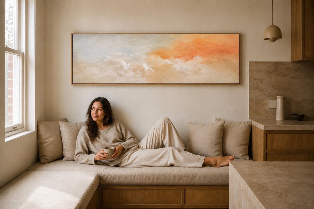 Framed Abstract Painting Print: Pastel Clouds, Peach Horizon, Sunset Art