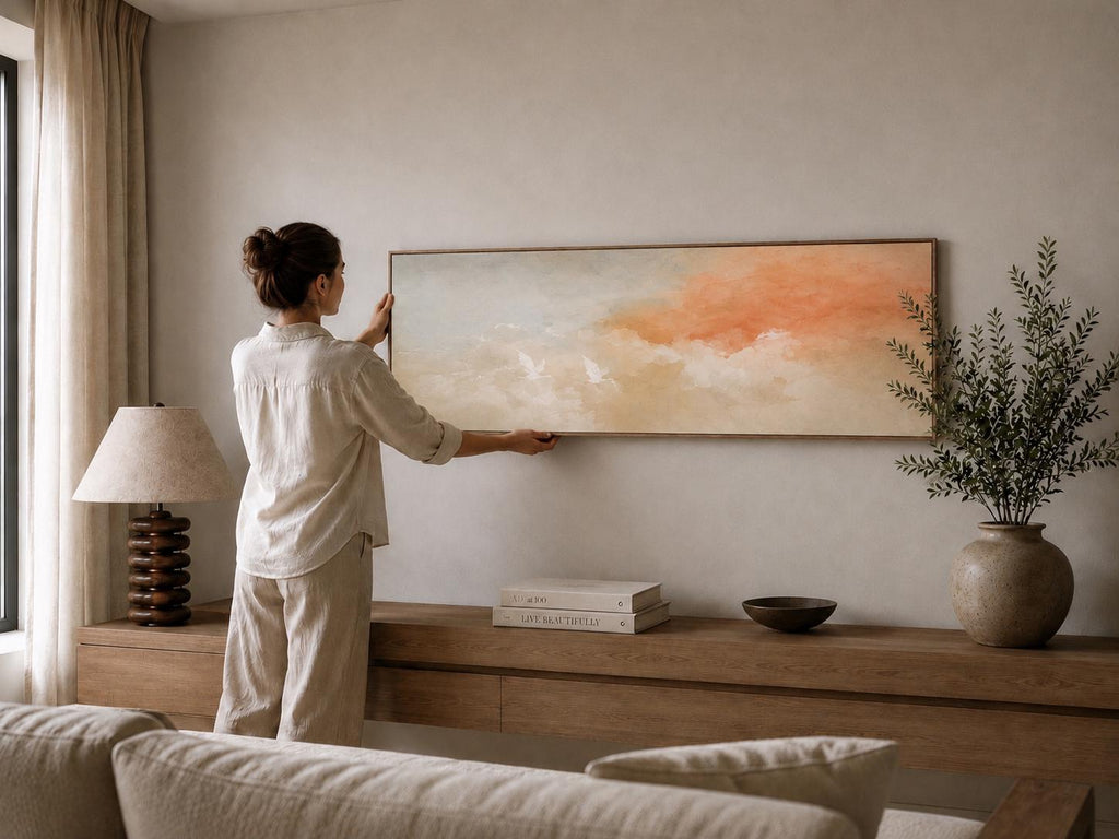 Framed Abstract Painting Print: Pastel Clouds, Peach Horizon, Sunset Art