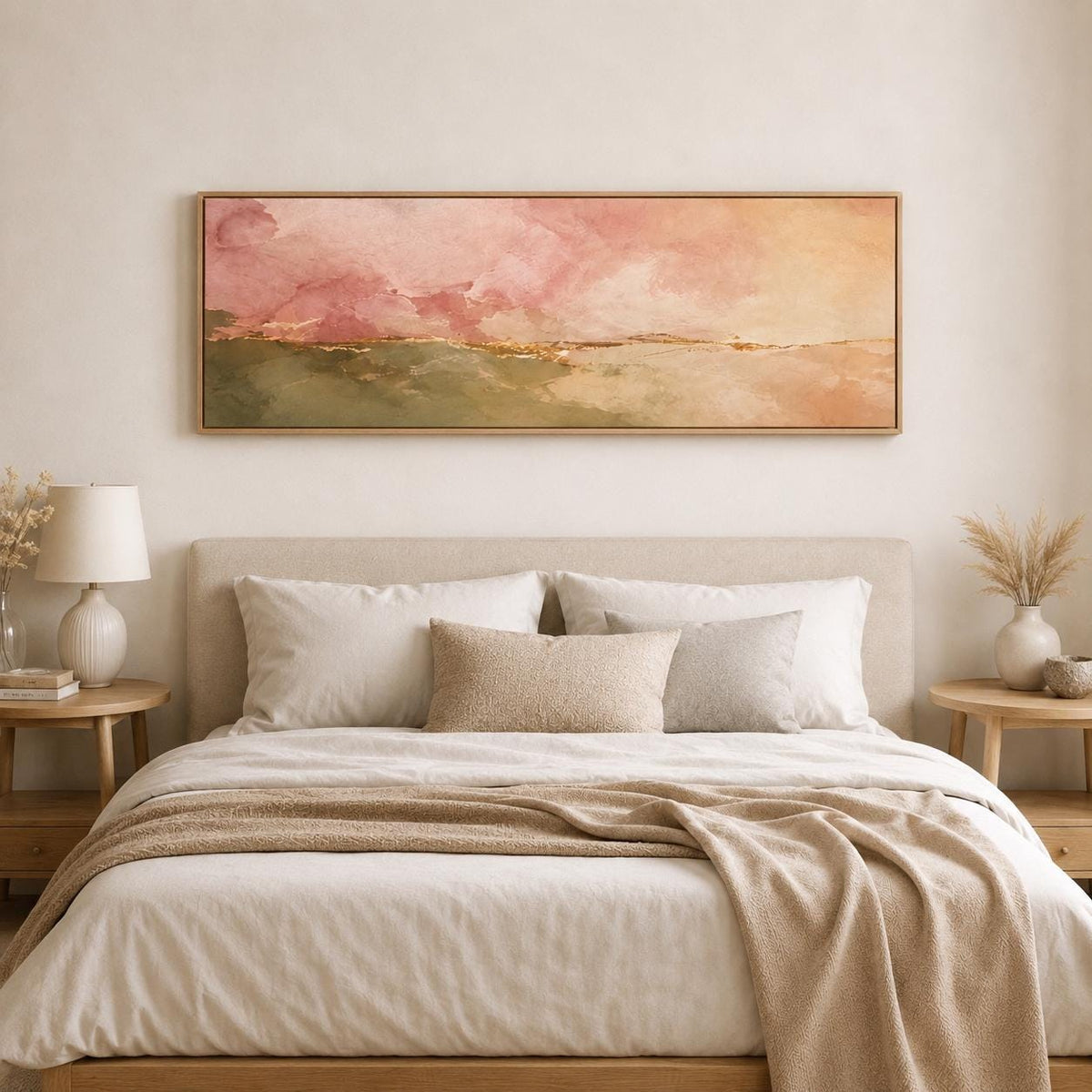 Olive Green & Blush Pink Panoramic Abstract Canvas Print