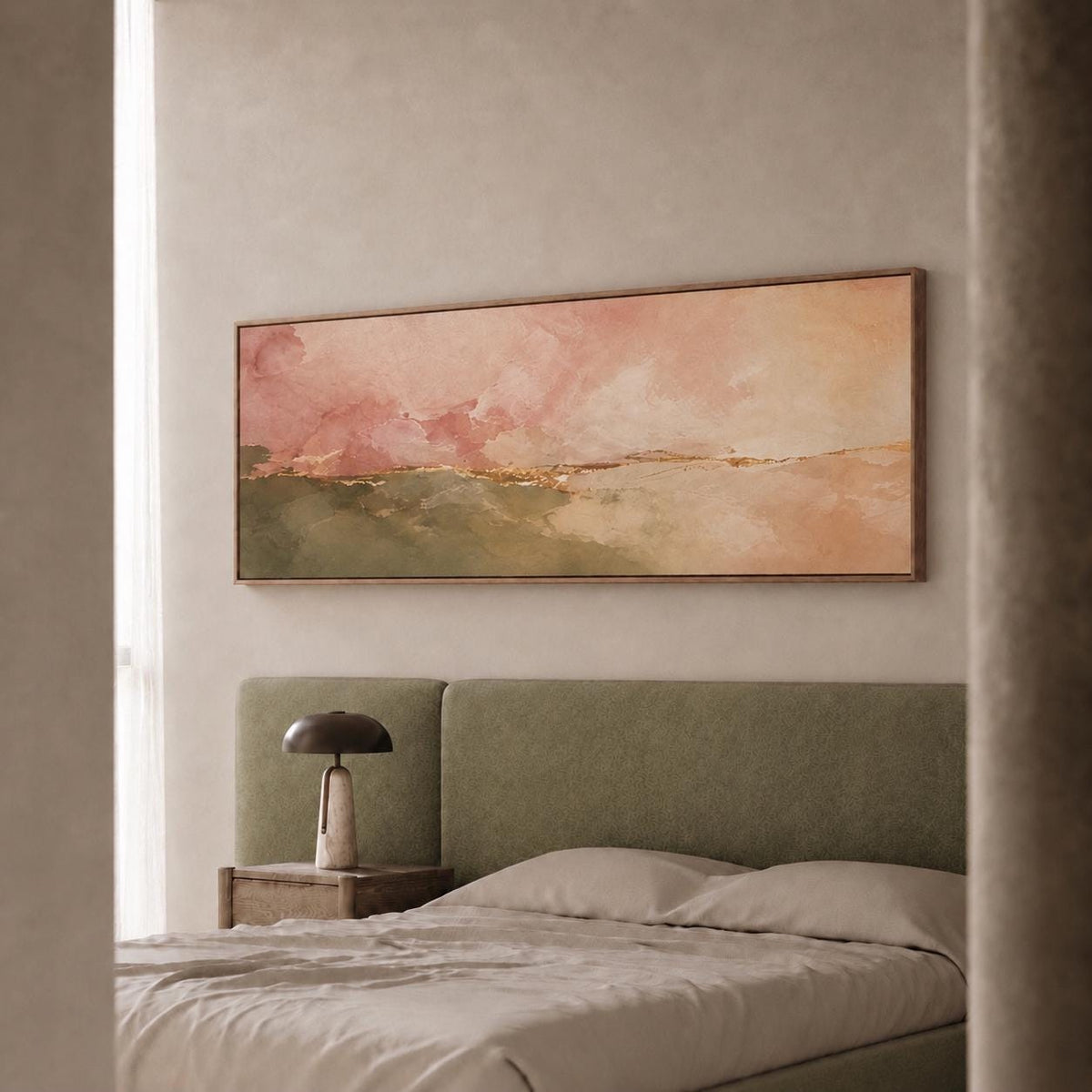 Olive Green & Blush Pink Panoramic Abstract Canvas Print
