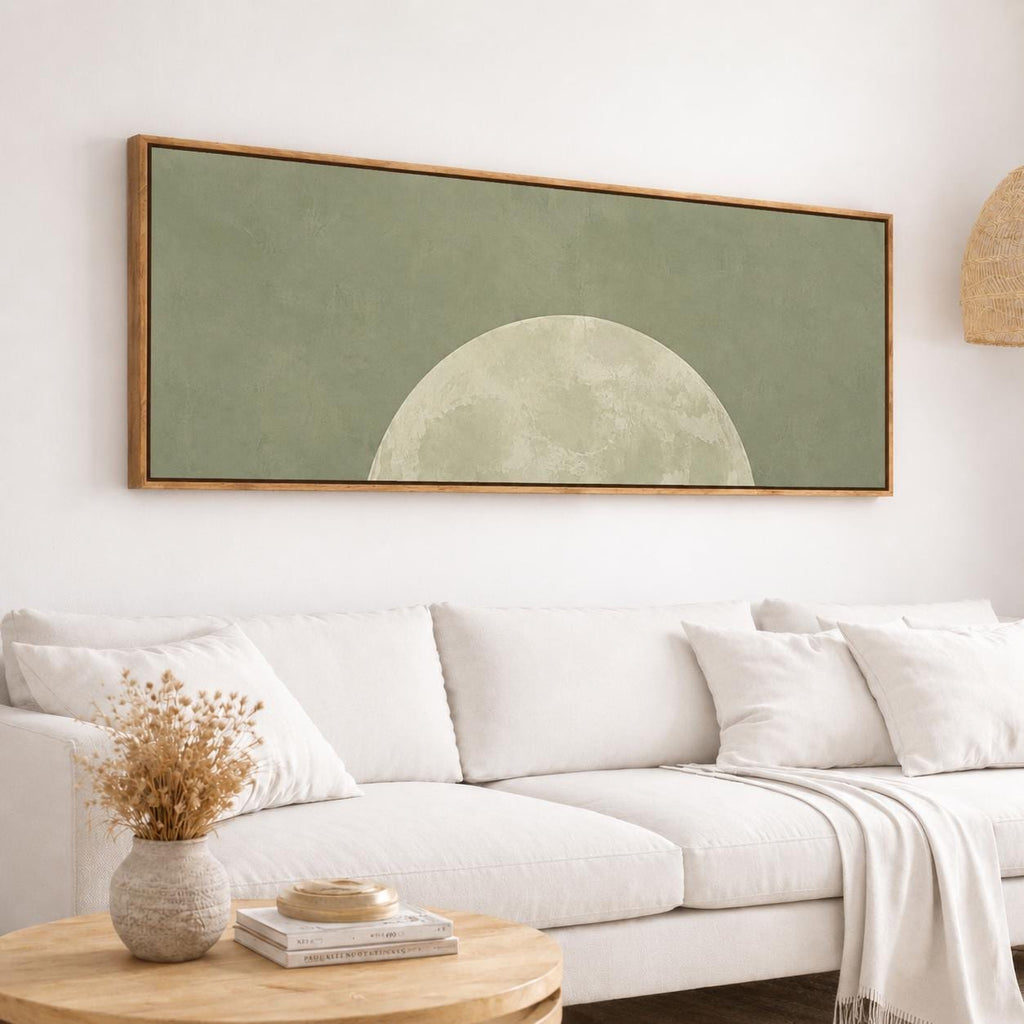 Minimalist Sage Green Moon Panoramic Canvas Print, Neutral Japandi Wall Decor